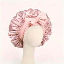 Awegeo 1pc Solid Color Satin Bonnet With Bow, Large Silk Sleep Cap For Women, Adjustable Elastic Band Hair Care Night Cap - Multicolor - View 1