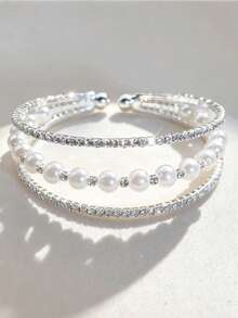 1/10pcs 3-Layer Fashion Elegant Rhinestone Inlaid Cross Shiny Bling Bling Faux Pearl Spaced Stackable Wrap Elastic Open Cuff Bracelet For Women, Party, Evening, Wedding, Gift - B3-13 - View 4