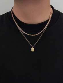 2pcs Minimalist Double Layer Stackable Chain Necklace, Textured Figaro Chain Paired With Thin Cuban Chain, Embellished With Small Star Square Dog Tag Pendant, Casual Men's Neck Accessory - Gold - View 2