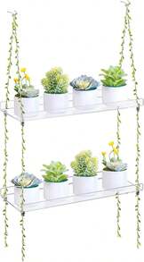 Acrylic Window Boxes Window Plant Shelves 2 Tier - Clear Hanging Shelf Indoor Jute Twine Adjustable Plant Holder For Window Wall Living - ColorA - View 1