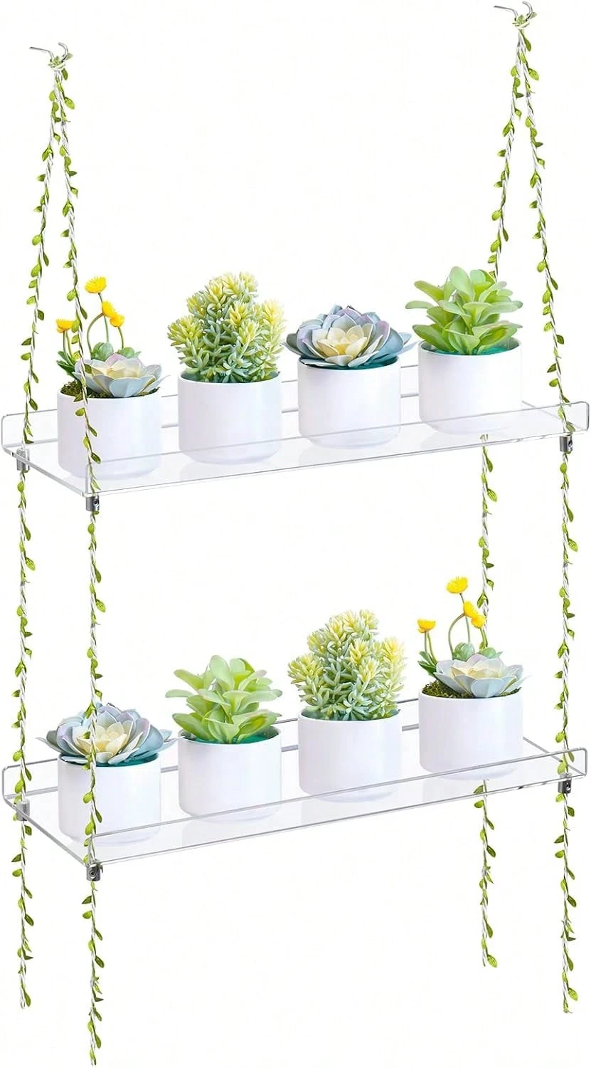 Acrylic Window Boxes Window Plant Shelves 2 Tier - Clear Hanging Shelf Indoor Jute Twine Adjustable Plant Holder For Window Wall Living - ColorA - View 1