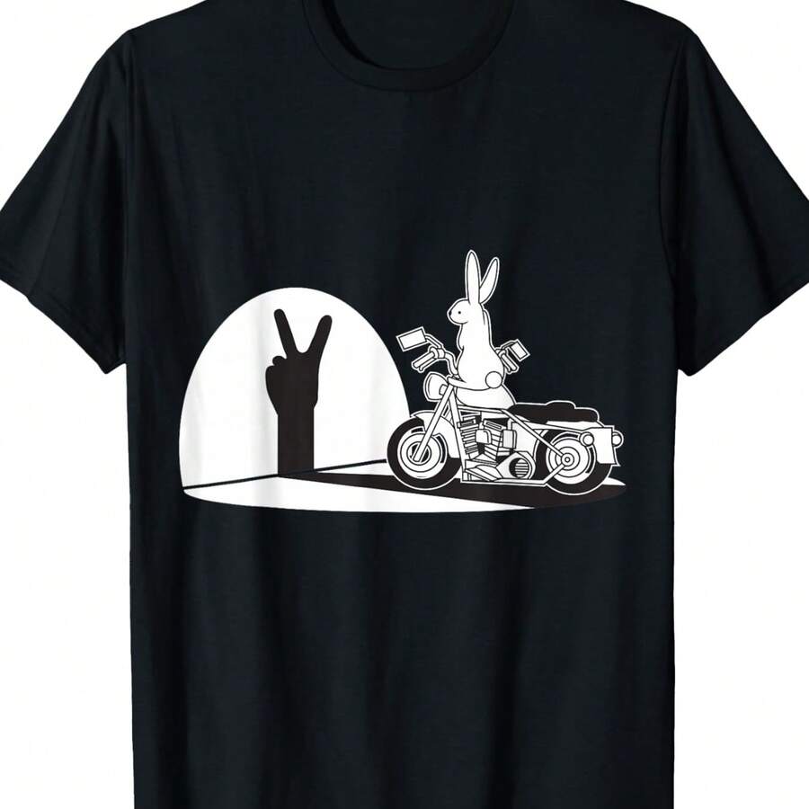 Men's Cotton Shirt Summer Black Oversize With Chinese Rabbit Print And Riding A Motorcycle For A Vintage Biker Look - 黑色 - 查看 1