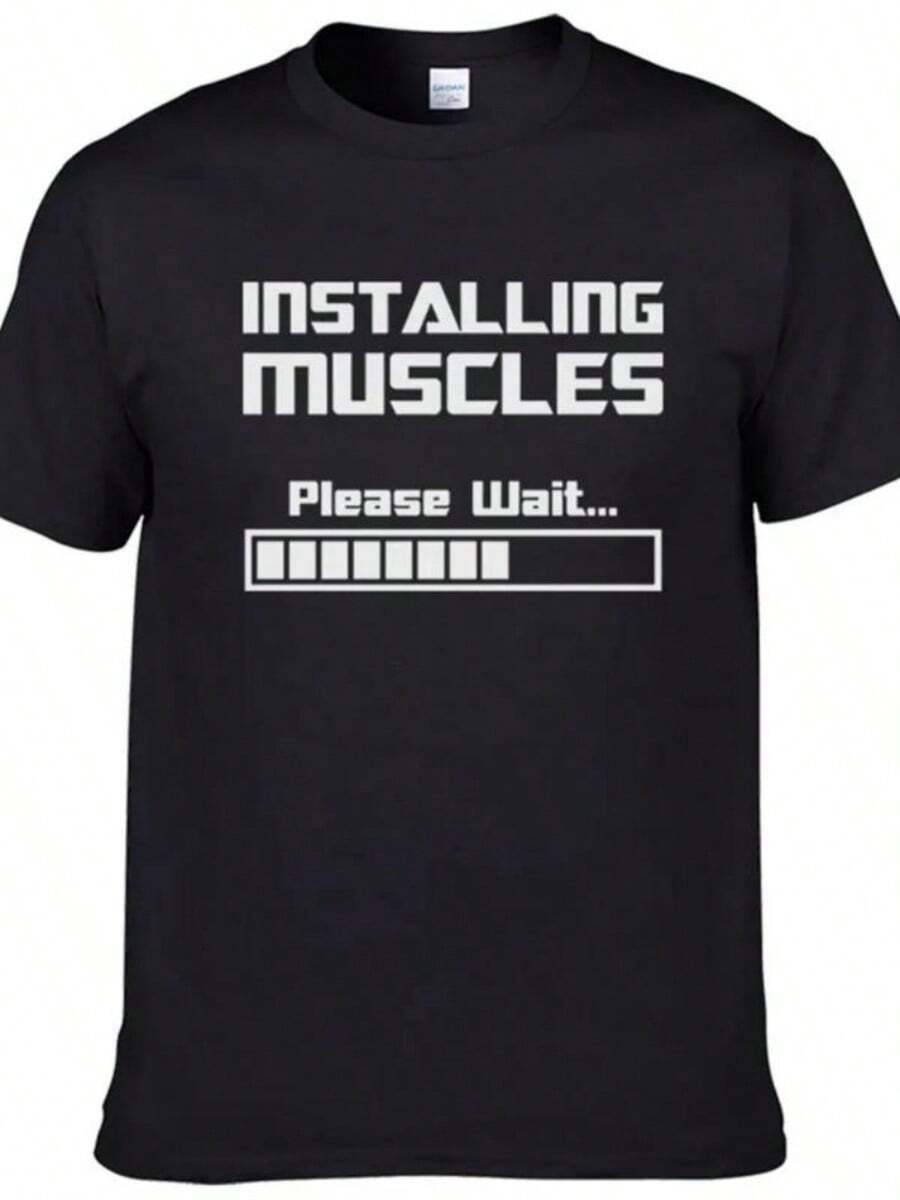 Summer New Tshirts Installing Muscles Please Wait Loading Bar Funnyssssssssssssss Print T Shirt Cotton Short SLeesve Cool Tees 70330 - 黑色 - 查看 1