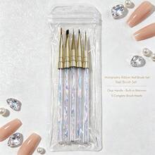 5 piezas de pinceles para arte de uñas con cinta láser fluida incorporada, bolígrafos de uñas de terapia de luz degradada de línea ultrafina, herramientas de uñas de terapia de luz degradada pintadas a mano DIY, pinceles de arte de uñas con barril de bolígrafo fluido iridiscente transparente hueco, set de líneas de uñas de lujo con purpurina aurora, tubo de bolígrafo con cinta arcoíris holográfica incorporada, herramientas multifuncionales pintadas a mano para estudio de arte de uñas - Multicolor - Ver 4