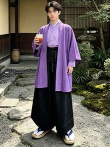 Japanese Style Haori Solid Color Minimalist Cardigan Kimono Cosplay Costume Summer Dopamine Thin Outerwear Daily Commute Mid-Length Layering Solid Color Vintage Top - Purple - View 2