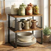 SONGMICS Set di 2 Scaffali da Cucina, Impilabili, per Armadietti da Cucina, Espandibile, Metallo e Legno, Marrone - Visualizzare 2