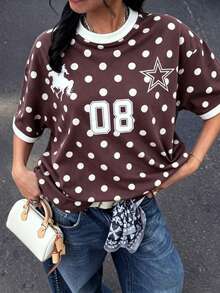 Minimalist Pony Sports T-Shirt, Women's Casual Polka Dot Pattern Loose T-Shirt, Suitable For Outdoor Wear, Street Style, Y2K Clothing, Spring Autumn Summer - Multicolor - View 3