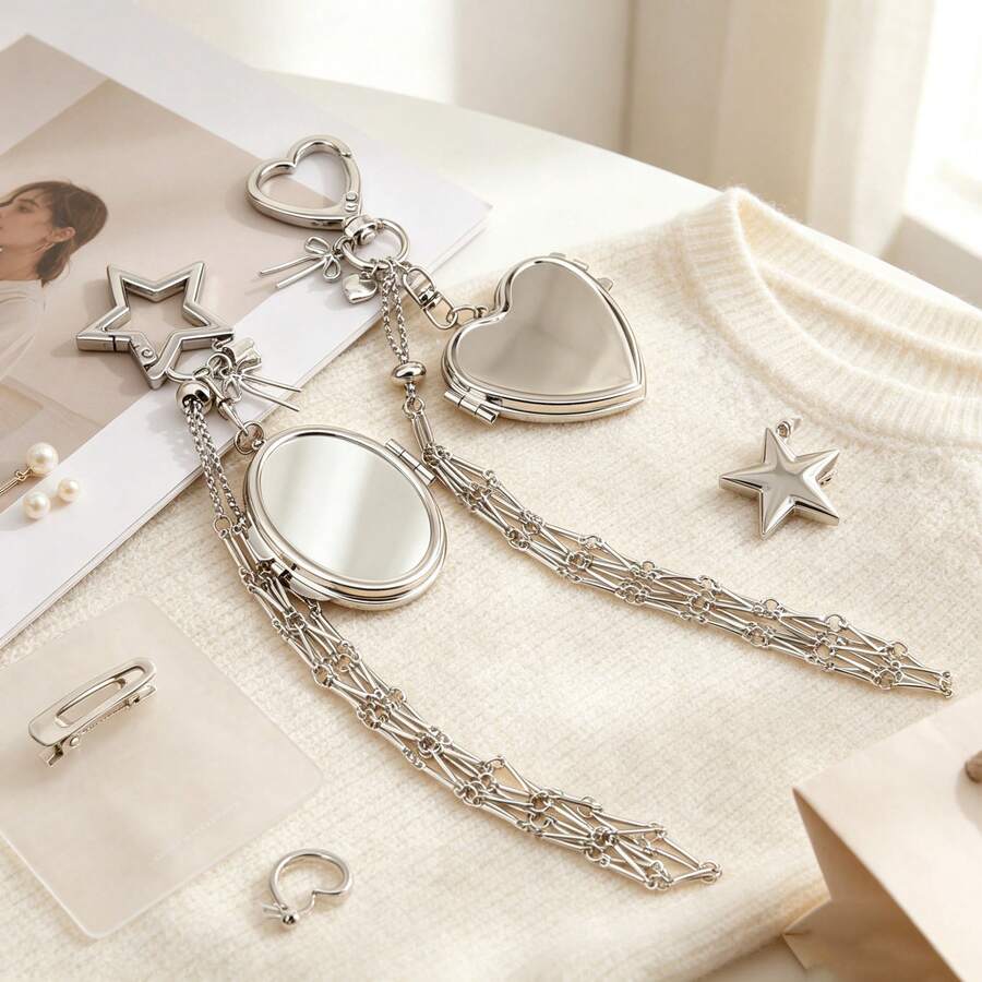1 móc treo túi hình gương oval trái tim có thể mở, mặt dây chuyền túi hình gấu bướm màu bạc, móc khóa trang trí túi lưới đựng son môi - Bạc - Xem 1