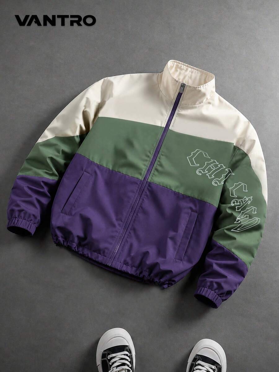 Spring/Autumn Niche American Street Style Thin Jacket, Fitted Slightly Loose Niche American Colorblock Stand Collar Windbreaker, Adjustable Drawstring Hem Loose Contrast Color Casual Zipper Jacket, Printed Jacket Spring/Autumn Niche Vintage Stand Collar Top - Green - View 1