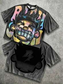 Manfinity Roghcode Men's Oversized Distressed Funny Diamond Teeth Tattoo Big Face Allover Print Cropped Loose 230g Washed T-Shirt (High Quality) - Warna Pudar - View 21