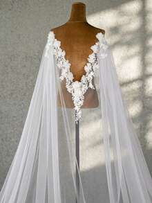 1pc V-Neck 3D Floral Lace Cape Veil, Floor-Length Arc Large Sheer Mesh Cape, Bridal Backless Wedding Dress Accessory For Church Ceremony, Ethereal Back Cover - Multicolor - View 6