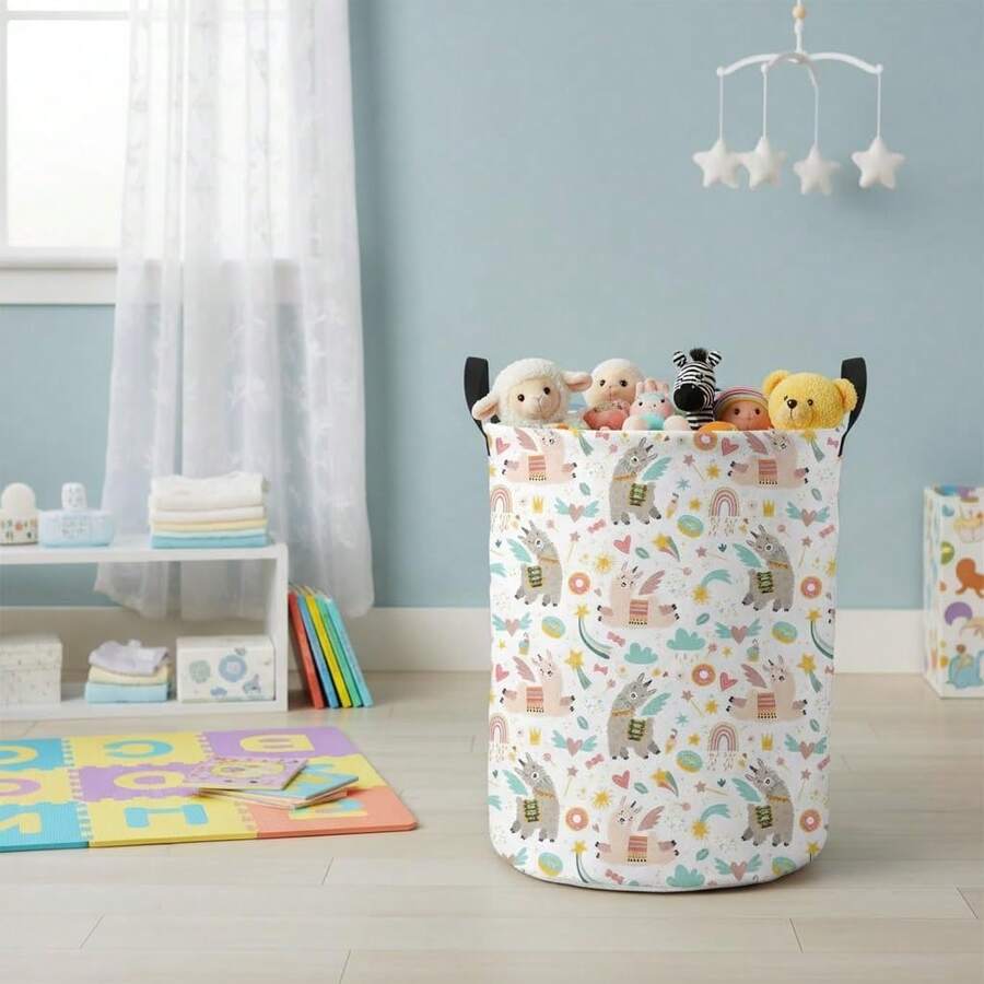 1pc Black & White Cow Print Foldable Storage Basket, Rectangular & Round Fabric Storage Box With Handle, Suitable For Home Farmhouse Style Organization & Decor, Bedroom, Living Room, Closet - Multi-color Alpaca Style - View 1