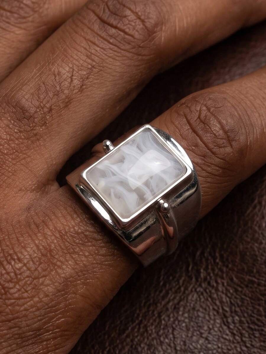 1Pc Minimalist Unique Silver Men's Ring Inlaid Square Cubic Zirconia Suitable For Daily Party Wear Gift For Him. - Silver - View 1
