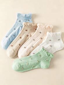 1/5 Pairs Women's Spring/Summer Macaron Ditsy Floral Ruffle Edge Casual Pastoral Style Short Socks, Suitable For Home And Daily Wear - Multicolor - View 3