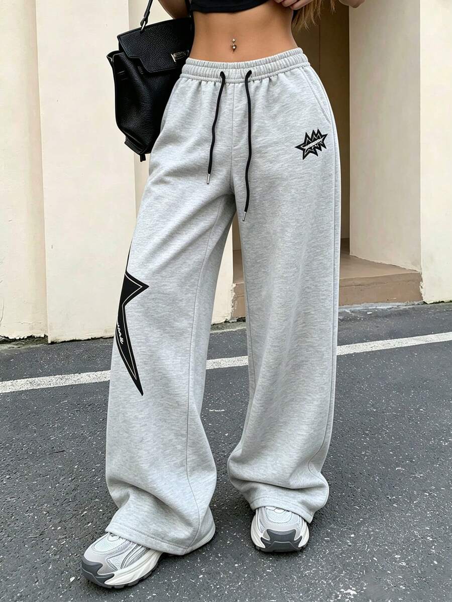 Women's Patchwork Pattern Wide Leg Pants, All Season Wear, Flowy Loose Fit Slimming, Casual Long Pants, Versatile And Comfortable Sports - Light Grey - View 1