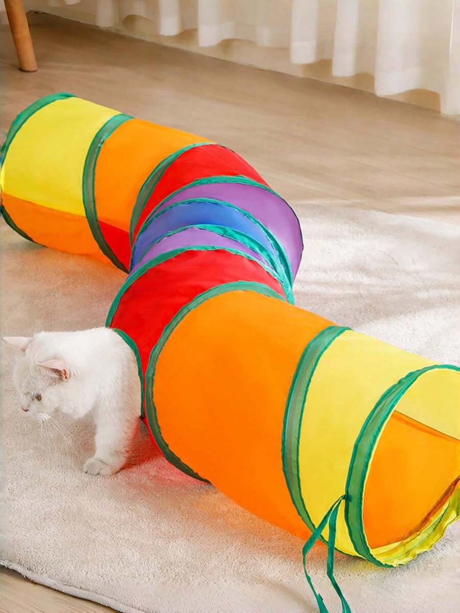 1pc Rainbow Foldable Cat Play Tunnel, Collapsible Pet Crinkle Tube Interactive Toy, Suitable For Kittens, Puppies, Rabbits, Ferrets, Indoor Exercise Hiding Training Play House With Handle