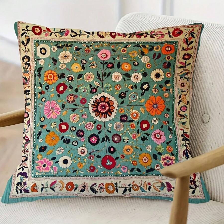 1Pc Single-Side Persian Suzani Throw Pillow Covers - 17.7*17.7 Inches, Sea Green 2D Flat Print, Zipper Closure, Machine Washable, Perfect For Sofa Decoration, Filling Not Included - Multicolor - View 1