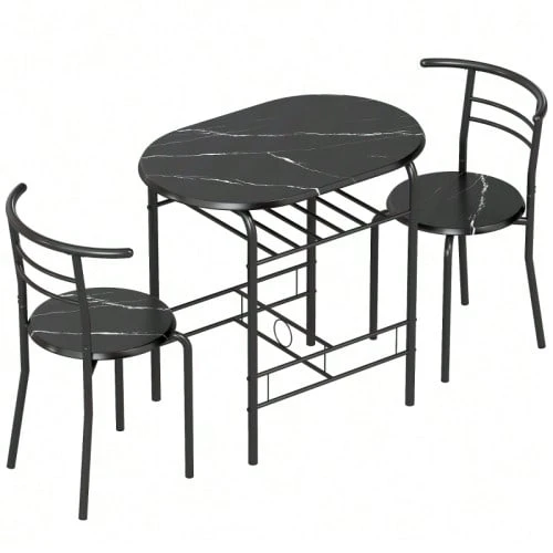 3-Piece Dining Set, Kitchen Table And 2 Chairs With Shelf, Living Room, Black Marble Look - 黑色 - 查看 1