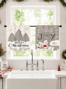 2pcs Gray Tone Minimalist Reindeer Snowman Christmas Tree Christmas Print Curtains, Rod Pocket Polyester Fabric, Simple Line Pine Tree Red Berry Snowflake Holiday Text Full Print, Nordic Cold Style Quiet Winter Christmas, Machine Washable, Kitchen Living Room Bedroom Decor Window Treatment - Multicolor - View 11