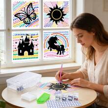 APODESS Diamond Painting Zubehör mit 4 Sets DIY-Diamantmalerei-Fensterdekorationen, Burg Sonne Schmetterling Einhorn Motiv, Aufbewahrungsboxen Kleber Schalen für Bastelbedarf-Bastelbedarf - Übersicht 1