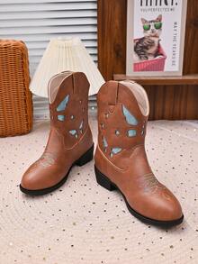 Girls' White Sequin Butterfly Hollow Out Western Cowboy Boots, Rainbow Embroidery Chunky Heel Mid-Calf Princess Ankle Boots, Children's Performance Runway Fashion Boots - Brown - View 4