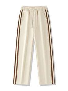 Plus Size Men's Loose Straight Leg Side Contrast Stripe Streetwear Casual Sports Sweatpants, Versatile For Spring/Autumn Daily Outings And Campus Hanging Out - Khaki - View 2