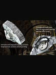T-WINNER 1pc Men's Classic Vintage Carved Hollow Automatic Mechanical Watch With Rotating Bezel, Luminous Hands, Rhinestone Decorated Dial, Luxury Stainless Steel Band, Business Casual Wristwatch - Silver - View 9