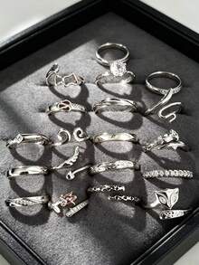 Affordable Sweet Cool Style Multi-Style Combination Ring Set Hollow Fox Head Heart Wing Twisted Rhinestone Thin Rings Stackable Finger Rings Versatile Finger Decoration Random Style 2pcs/4pcs/6pcs/8pcs/10pcs - Silver - View 3