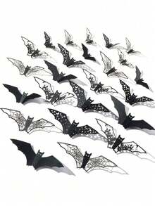 12/24 piezas Pegatinas de pared 3D huecas de murciélagos negros, 4 estilos de telaraña, luna, estrella y patrón de casa embrujada, calcomanías de pared 3D de murciélagos, decoración gótica de terror para fiesta de Halloween, adecuado para ventanas del hogar, chimenea, puerta, decoración de pared interior/exterior DIY - multicolor - Ver 3