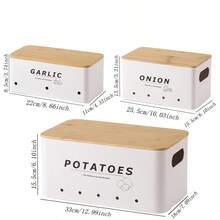 Myrothcane 3pcs Bamboo Lid Potato Onion Garlic Storage Bins, Ventilated Metal Vegetable Storage Containers, Stackable Farmhouse Style Kitchen Countertop Produce Organizer, Suitable For Pantry Storage - White - View 14