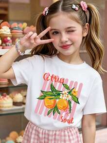 Girls' T-Shirt Featuring Citrus Orange And Blossom Print With Green Leaves, Pink Vertical Stripe Backdrop And 'Citrus Soul' Script - White - View 6