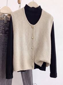 JIANHU Minimalist Knit Vest, Layering Design, Elegant Button Details, Suitable For Autumn/Winter Daily Wear | Warm & Versatile, Suitable For Christmas, New Year Party And Everyday Outfits - Apricot - View 3