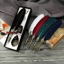 1 Set Feather Pen Set, Shiny Feather Pen Set, Vintage Calligraphy Ink Pen (Includes Ink), 2 Replacement Nibs, Pen Holder, Luxury Vintage Signature Pen, Easter, Halloween And Christmas Letter Writing Pen, Back To School Essential Souvenir, High-End Packaging Gift - Sets - View 12