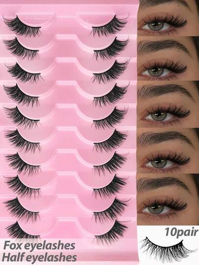 Half Lashes Fox Eye Lashes Wispy Natural Cat Eye 10 Pairs Soft Fiber Outer Corner Lashes C Curl Lightweight Fluffy Natural Look Reusable False Eyelashes Everyday Makeup Office Date Party Wedding Festival Makeup Accessories