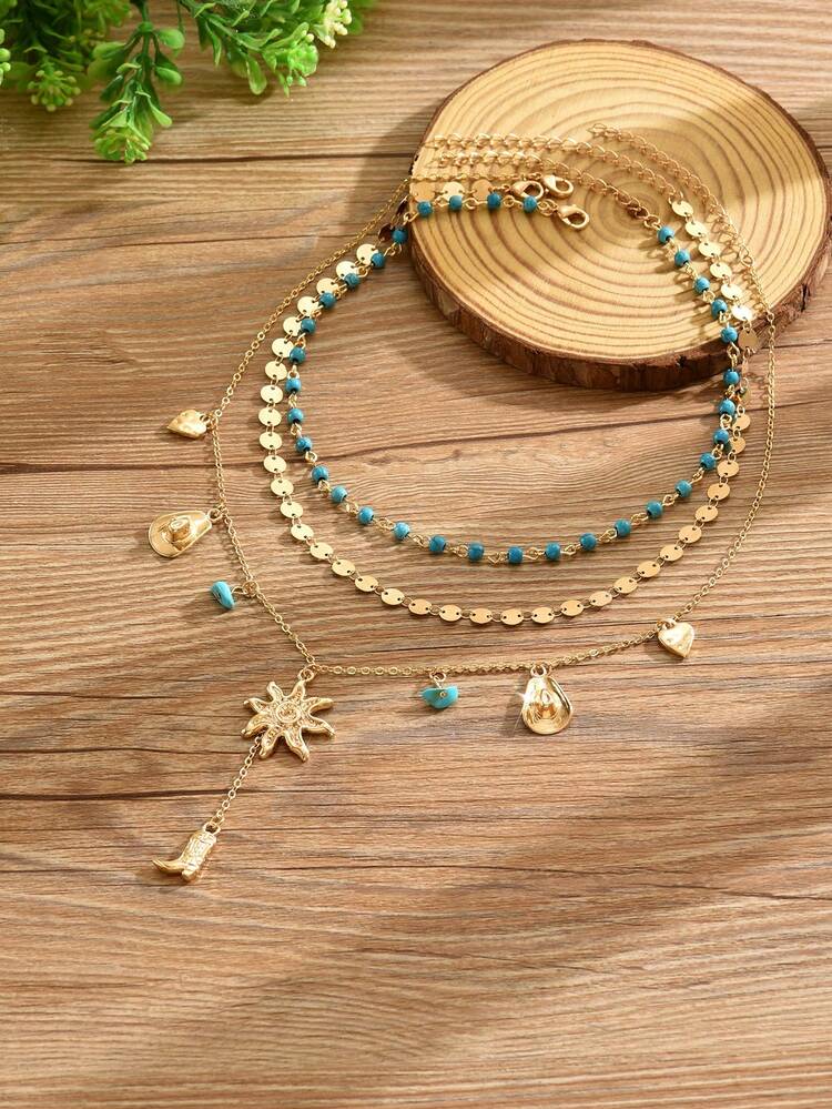 3pcs/Set Western Cowboy Vintage Style Boots Hat Sun Pendant With Turquoise Chain And Round Disc Chain Necklace Set, Fashionable Personalized Women's Neck Jewelry Suitable For Daily Wear, Date, Vacation And Party, Handmade Chain Cut By Length - Multicolor - View 2