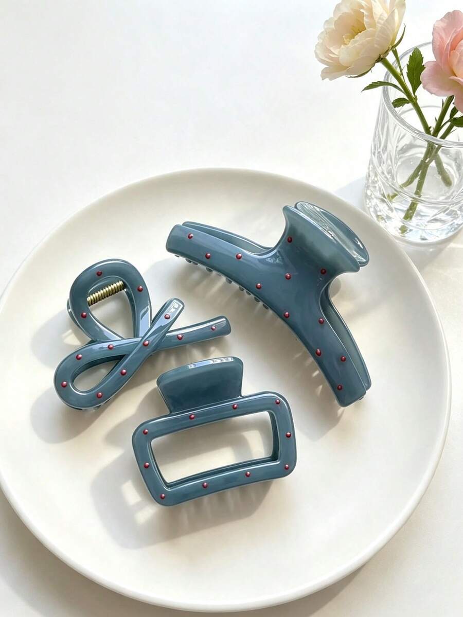 3/1pc Women's Blue Polka Dot Series Fashion Versatile Plastic Hair Clip For Showering, Face Washing, Beach, And Outfit Matching - Multicolor - View 1