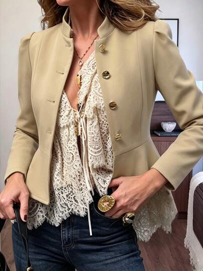 Women's Khaki Stand Collar Cinched Waist Short Utility Jacket With Puff Shoulders, Metal Round Buttons, Vintage Slim Fit Commuter Jacket