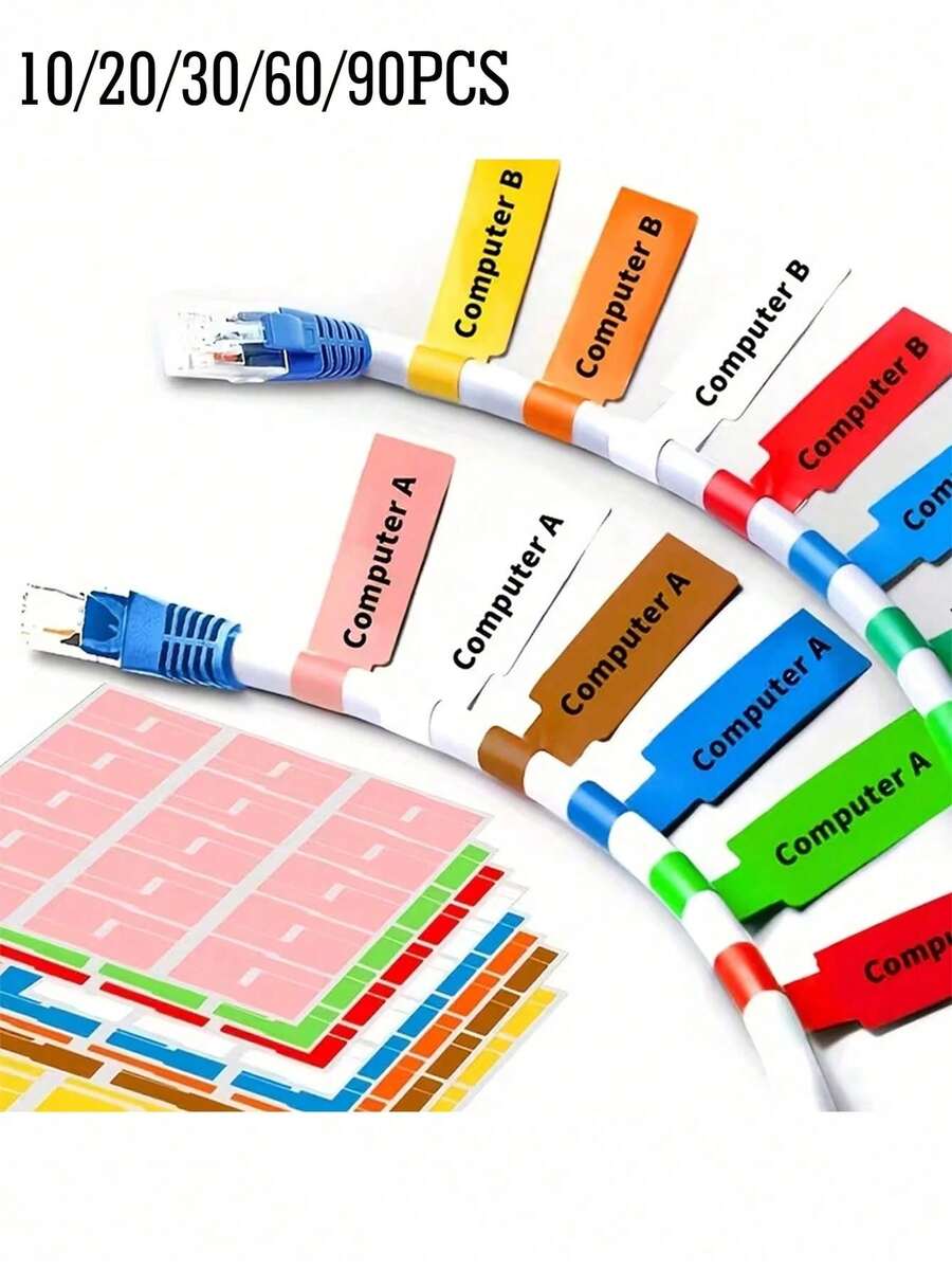 90/60/30/20/10PCS Waterproof Cable Labels, Wearcable Management Labels, Writable Cable Organizer, Self-Adhesive Cable Labels In Multiple Random Colors, Laser Printer Printable,Cable Fixers, Office Supplies, Teacher Supplies Labels - Multicolor - View 1