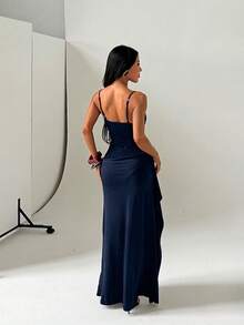 Women's Summer Navy Blue Spaghetti Strap Textured Slit Dress, Suitable For Dates, Parties, Proms, Events - Navy Blue - View 4