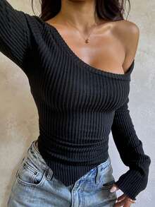 1pc Solid Color Knit Fabric Top, College Style, Autumn - Black - View 2