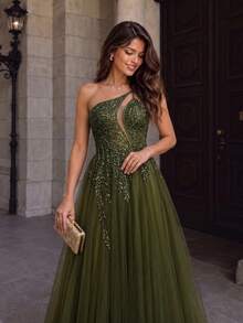 VIPGIRL Sleeveless Sequin Mesh Prom Dress With Asymmetrical Neck Design, Elegant Formal Evening Wedding Guest Gown, For Graduation, Dinner Party Dress Spring - Green - View 5