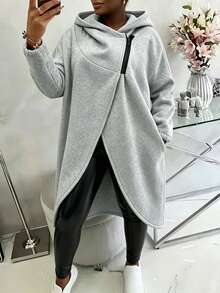 Moletom Casual Elegante Plus Size de Cintura Alta, Cor Sólida com Zíper e Barra Tulipa, Adequado para o Outono - Cinza - Visão 4