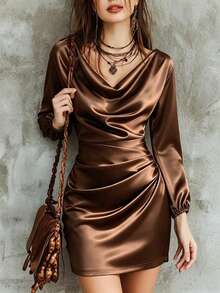 Elegant French Style Solid Color Retro Party Dress For Women, Asymmetrical Design, Sophisticated Party Dress - Rust Brown - View 5