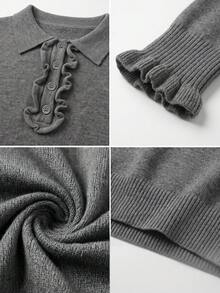 Sweater Rajut Lengan Panjang Kancing Kerah Polo Gaya Klasik untuk Wanita, Desain Musim Gugur/Dingin, Atasan Pelangsing - Grey - View 10