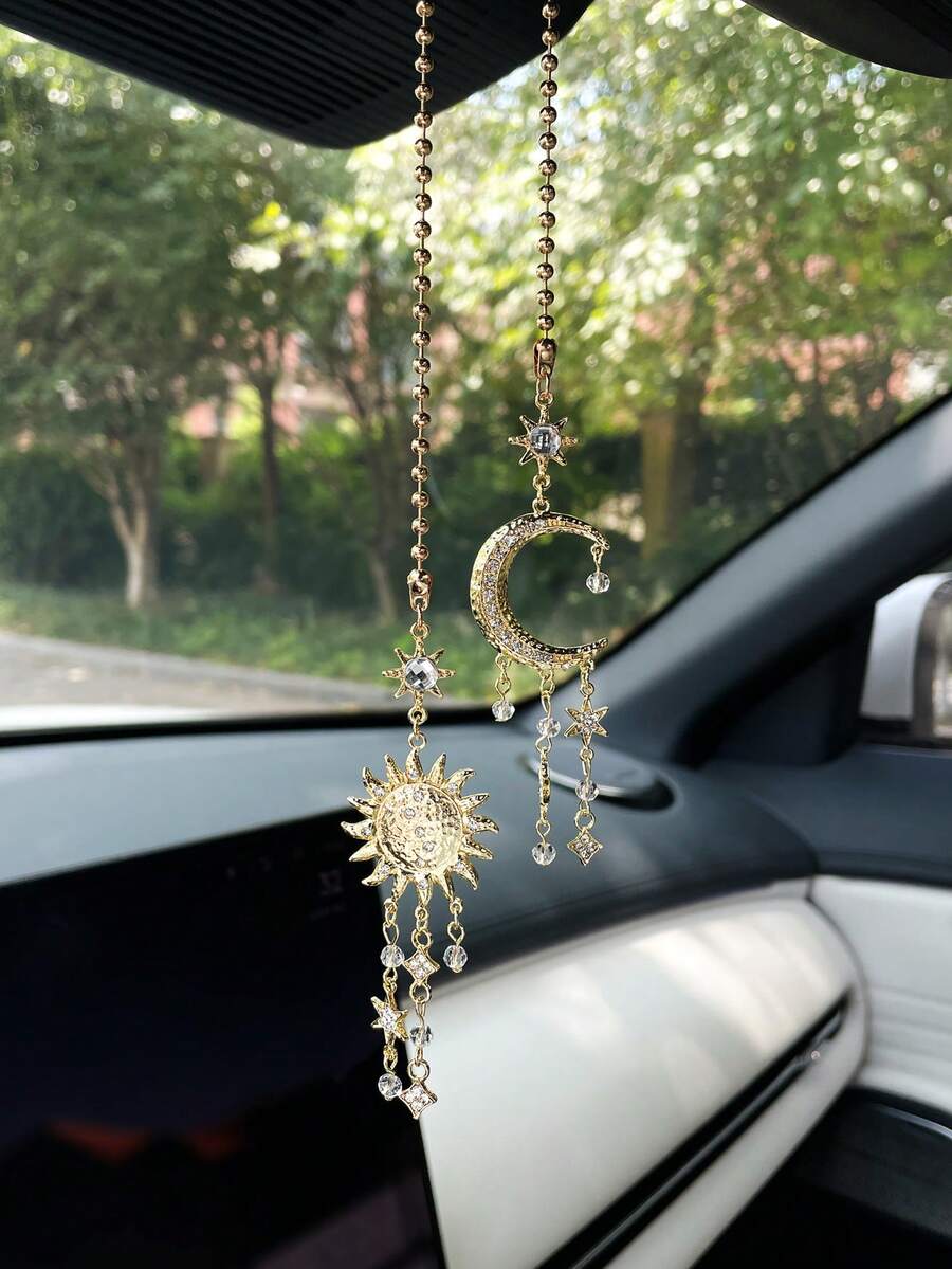 Sun & Moon Tassel Car Hanging Ornament, Car Interior Rearview Mirror Decoration Pendant, Car Rearview Mirror Decorative Charm