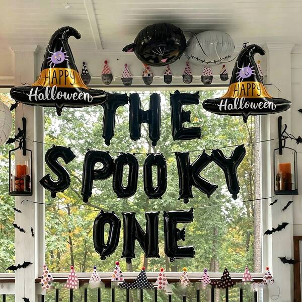 14pcs Halloween Birthday Decoration Balloon Set, Includes Letter Balloon Banner And Witch Hat Balloon, Suitable For Halloween Party, Trick Or Treat Party, Indoor Photo Backdrop, 1st Birthday Theme Party Decoration