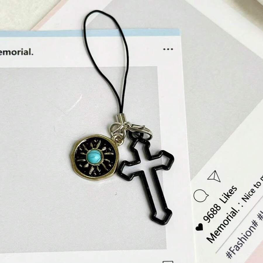 1pc Niche Design Gothic Cross Phone Chain Pendant, Minimalist Car Key Chain, Earphone Phone Charm Decorative Gift - Multicolor - View 1