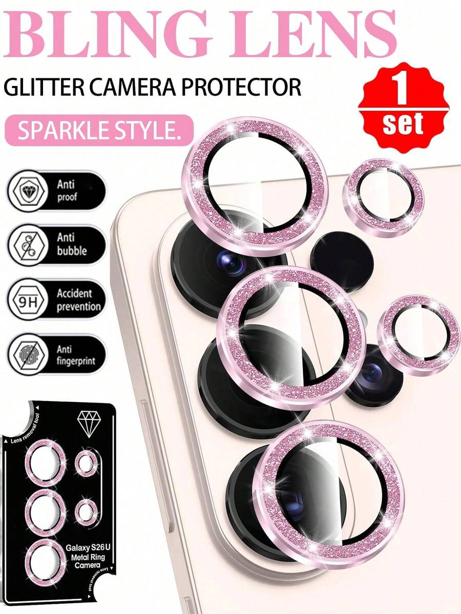 1 Set - Pink Glittery Galaxy S26 Ultra Camera Lens Protector, Independent Metal Ring Tempered Glass Lens Cover, [Strong Adhesion] Scratch-Resistant Ultra-Thin High-Definition Transparent Lens Cover, Phone Accessory, Compatible With Phone Case