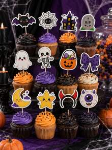 12pcs Halloween Icon Cake Toppers, Bat Ghost Spider Web Cupcake Picks, Birthday Dessert Decoration - View 5