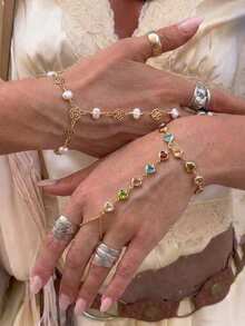 2pcs Fashionable Elegant Heart-Shaped Colorful Rhinestone Rose Pearl Finger Bracelet Set, Suitable For Daily Wear And Party, Perfect Gift For Lover And Mother - Multicolor - View 1